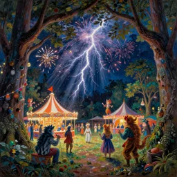 closeup of a night carnival inside a tree cavity in a magical forest in the middle of a summer storm, with a music scenario with many fireworks and christmas lights, volumetric lightning, instense god rays in the sky, folklore people disguised with fantastic creatures in a magical forest by summer night, masterpiece painted by pierre puvis de chavannes, very coherent and contrast masterpiece,