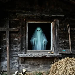 1 9 2 0 s spirit photography of an ghost watching through a window in an old farmers hut in the dolomites, by william hope, farmer tools, wooden cross, bones, haystack, dark, eerie, grainy