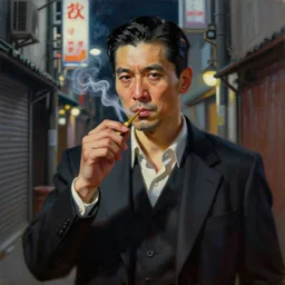 realistic portrait painting of yakuza smoking in a tokyo alley at night in the style of soviet realism
