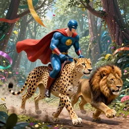 superhero riding on cheetah and a lion running through the magical forest and surrounded by colorful ribbons and party confetti , concept art, huge scale, high detail, sci fi by James Jean