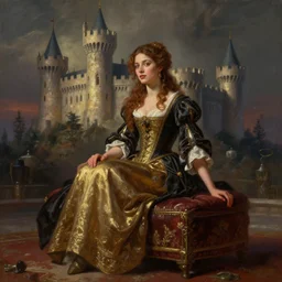 insanely detailed painting of a beautiful lady in a castle on an ottoman, in the style of peter morbacher, dramatic lighting and composition, octane rendering, pixar, trends on artstation, concept art