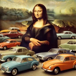a bunch of cars from the 1 9 5 0's and 1 9 6 0's, various colors and models, in the style of da vinci