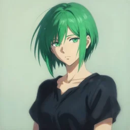 painting of tatsumaki from one punch man, green hair, black dress, cool color palette, refreshing, soft lighting, detailed anime face, by cushart krenz, by makoto shinkai
