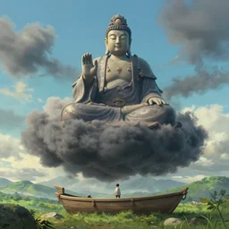 craig mullins and ghibli digital illustration of a huge bodhisattva composed of dark clouds and smoke floats on the mountain in a boat in summer unreal engine, hyper realism, realistic shading, cinematic composition, realistic render, octane render, detailed textures, photorealistic, wide shot
