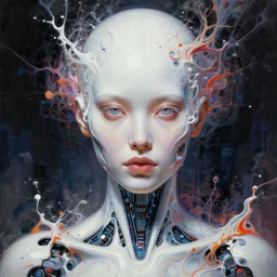 the front portrait of a beautifull white cast futuristic biomechanical humanoid woman with pretty face in intricate detailed color smashing fluid oilpaint, melting wax, thin fractal tendrils, futuristic digital painting, cyberpunk, 8 k, hyper detailed, octane render, concept art, by peter mohrbacher, by wlop, by ruan jia