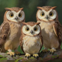 a family of owlets. the owls have really detailed, fluffy feathers. 3 d painting by hayao miyazaki, wesanderson and jeffrey smart