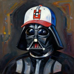 Darth Vader wearing a baseball cap with blue hair in a secret hideaway, Painting by Pablo Picasso