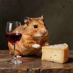 still life of a hamster with a glass of wine and cheese, by rembrandt, masterpiece, detailed, epic