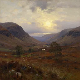 a beautiful oil painting of a Scottish Highland landscape, evening light, by Albert Bierstadt