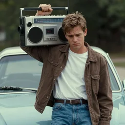 a man holding up a boombox in front of a car, pinterest contest winner, american romanticism, fashion of the 1 9 8 0's, sadpeople aesthetic, retro, the boombox scene in say anything, by john carpenter