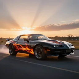 black pontiac firebird trans - am with flames drawn on the chassis, sunrise, cinematic, motionblur, sunbeams, volumetric lighting, wide shot, low angle, lightning striking the car