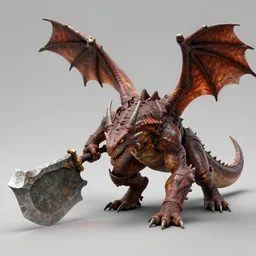 a crawling drake wielding a giant stone blade, tiny wings on the back, rough skin texture, wearing rust armor, full body concept, monster hunter monster, beksinski, ruan jia, weta workshop concept art