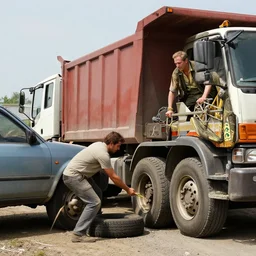 a dump truck helping another car fix a flat tire, hyper realistic, extremely detailed, raytracing, art by artgerm, greg rutkowski and alphonse mucha, artstation, octane render