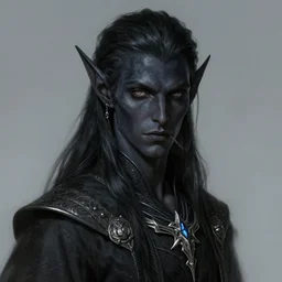 portrait of a handsome male dark elf, obsidian skin, fantasy, feminine, elegant, intricate, highly detailed, digital painting, artstation, concept art, sharp focus, illustration