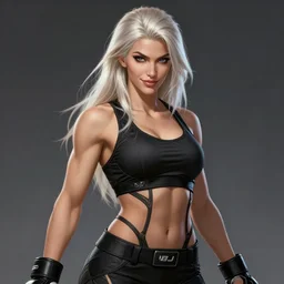 a highly detailed illustration of fierce beautiful platinum blonde woman wearing black mma gear, dramatic smile pose, muscular, perfect face, perfect body, intricate, elegant, highly detailed, centered, digital painting, artstation, concept art, smooth, sharp focus, league of legends concept art, wlop
