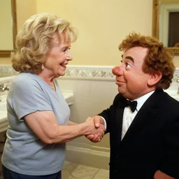 betty white shaking hands with a 6 0 0 pound dwarf in the bathroom