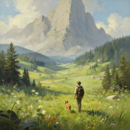 a landscape with alone traveler and dog, fantasy, intricate, elegant, highly detailed, lifelike, photorealistic, digital painting, artstation, illustration, concept art, smooth, sharp focus, naturalism, trending on byron's - muse, by greg rutkowski and greg staples