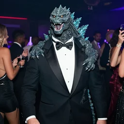 godzilla in a tuxedo suit in a party