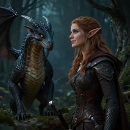 an elven woman looking out into the woods on at night, her draconic companion by her side, slight smile, D&D, HD, HDR, Highly detailed, pathfinder,