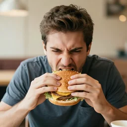 a furious man eating a hamburger