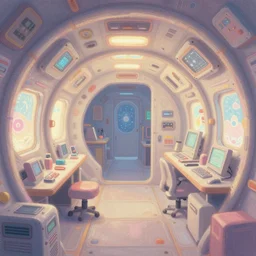 faster than light travel, interior of this cute pastel fluffly spaceship, cluttered panels intricate electronics painterly impression of this glowing impasto trending on pixiv scene, interesting glowing fuzzy unclear where am i inside spaceship interior