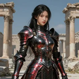 portrait knights of Zodiac girl, metallic black and reddish reflected armor, in ruined Agora of Athens, ssci-fi, fantasy, intricate, very very beautiful, elegant, highly detailed, digital painting, artstation, concept art, smooth, sharp focus, illustration, art by WLOP and tian zi and alphonse mucha