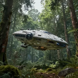 an alien spaceship landing in a forest, ultra realistic, hyper real, photo real,