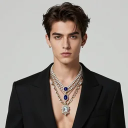 a photographic character model design of a very handsome young masculine man wearing excessive jewelry in an ornate and elegant way. wants you