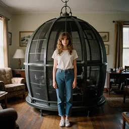 photograph of anonymous young woman standing in front of large orgone accumulator in suburban living room, lighting by roger deakins, in thomas ruff style, 3 5 mm ektachrome