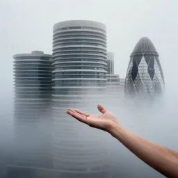 arm reaching out of thick fog, round buildings in background, stacked buildings, smooth architecture, sophisticated, zdzislaw beksinski, architecture of frank lloyd wright, zaha hadid, norman foster