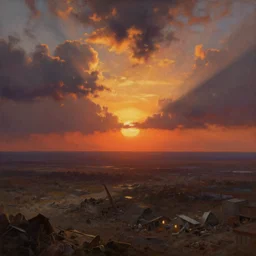 dramatic sunset and dramatic sky , painting by frazetta, high angle, postapocalyptic panorama.asthetics !