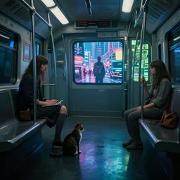 chillwave scene of girl and cat, moment, cyberpunk elevated train, electronic billboards, tech noir, wet reflections, atmospheric, ambient, livia prima, greg rutkowski, edward hopper, pj crook