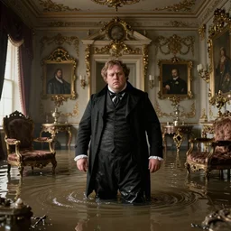 a miserable fat man in victorian attire stands waist - deep in water in a beautiful, baroque, ornate, flooded, muddy victorian drawing room, lots of baroque expensive furniture floats, george goodwin kilburne, john atkinson grimshaw, jordan grimmer, norman rockwell