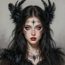hyper realistic portrait painting, beautifully rendered, gorgeous young witch with ceremonial markings and black feathers painted by greg rutkowski, wlop, artgerm, dishonored 2