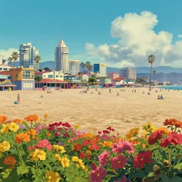 a film still of a sunny and colourful beach scene without people in santa monica, los angelos, wide shot, waist up, wes anderson, studio ghibli, pixar and disney animation, sharp, rendered in unreal engine 5, anime key art by greg rutkowski, bloom, dramatic lighting
