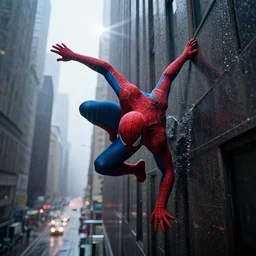 peter parker falling down a skyscraper building into rainy new york city street, lens flare deep focus, d & d, intricate, elegant, highly detailed, photo, 9 0 s, artstation, blade runner, 8 k, sharp focus, octane, unreal engine 5, global illumination, radiant