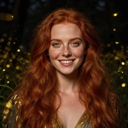 portrait of happy a young woman, among the lights of golden fireflies and nature, long loose red hair, intricate details, bright green eyes, freckles on the nose, round gentle face, sophisticated dress, golden ratio, high contrast, photorealistic digital art by artemisia lomi gentileschi and caravaggio and tomacz alen kopera.
