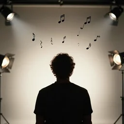 photo still of behind view, dark silhouette of adam brody, enchanting a musical spell, floating musical notes, 8 k, studio lighting bright ambient lighting key light, 8 5 mm f 1. 8