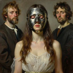 The waist-high portrait of beautiful woman with closed eyes in steel full-face occult mask by Ilya Repin, William Blake, Michelangelo da Caravaggio and Beksinski, highly detailed oil painting, trending by artstation, fantasy character, 4k, masterpiece