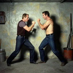 Tyler Durden fighting in a basement painted by Norman Rockwell
