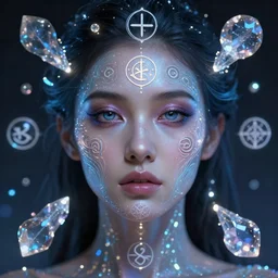 female astral projecting, as above so below, highly detailed face, airbrush, magick, technology, sigils, royo, led lights, glowing orbs, crystal shimmers,