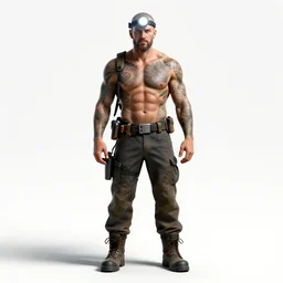 tattooed miner with headlamp, high detail digital art, full body, standing, isolated on a pure white background, centered, whole figure in frame, sharp focus, studio lighting