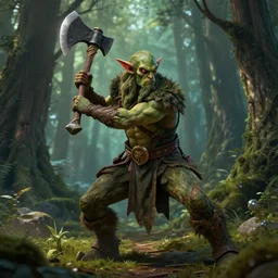 Tree Druid, in the forest, wielding an axe, battle pose, dungeons and dragons, masterpiece, 4k, digital art, unreal engine, high quality render, trending on artstation