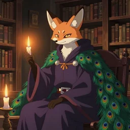 an anime of a fennec fox peacock character with oni fangs, wearing mage robes, sitting in a library over candlelight, anime by yuji ikehata, spooky, halloween, candlelight, dimly lit, realistic, detailed, proper proportions, fully clothed