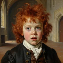 museum painting, close - up, 1 8 years old boy,!!! red curly!!! hair, messy, mischievous face, dressed in 1 8 th century clothes, in the stone castle hall, sharp focus, highly detailed, digital art, oil painting, masterpiece, artgerm, rutkowski