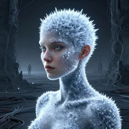 Woman, spiky ice crystals on skin, 150mm, shiny, flat background, glowing, wires everywhere, by Edgar Maxence and Ross Tran, Zdzisław Beksiński, and Michael Whelan, distant, gustav dore, H.R. Giger, 8k, octane render