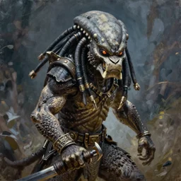 an action shot of the predator by chris ayers, oil on canvas, deep depth field, masterpiece, by donato giancola, trending on artstation, featured on pixiv, cinematic composition, hyper - detailed, hd, hdr, 4 k, 8 k