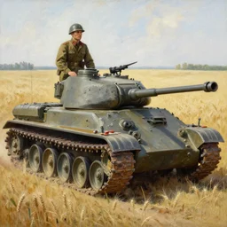 detailed painting of a soldier and a tank on a wheat field by Ivan Vladimirov, socialist realism