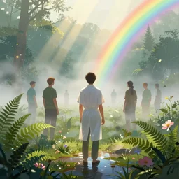 an herbalist toward adventure, back view, beautiful, atmosphere, vibe, mist, rainbow, wet, puddles, fern, flowers, concept art illustration, color page, tone mapping, akihiko yoshida, james jean, andrei riabovitchev, marc simonetti, digital illustration, greg rutowski, volumetric lighting, sunbeams, particles