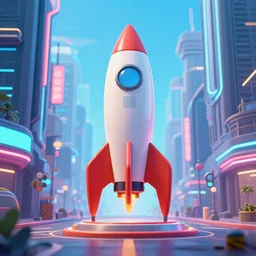 rocket standing on a street in the middle of a cyberpunk city, neon signs, beige background, minimalism, flat design, in the style of a soviet propaganda poster